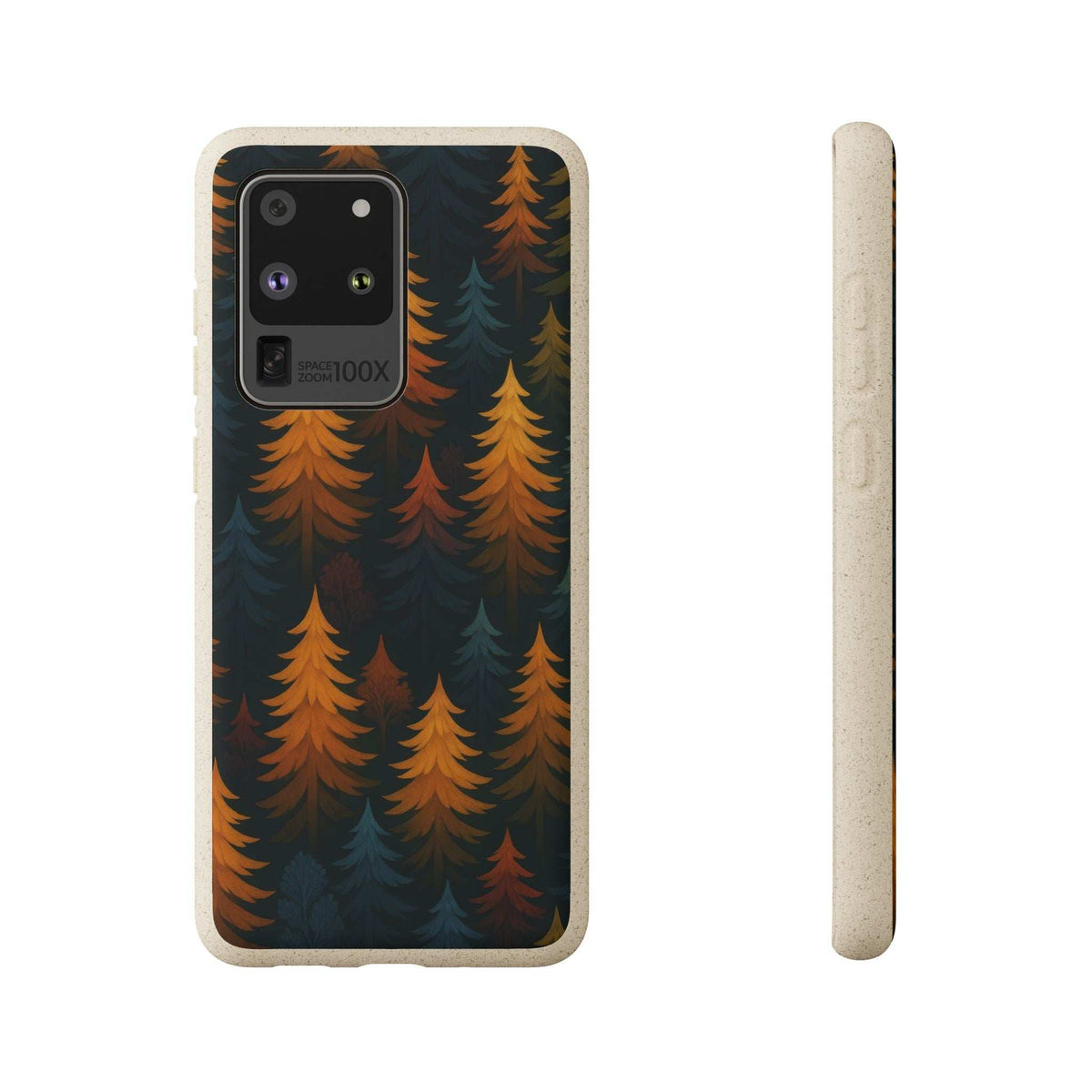 Biodegradable phone case with dark forest pattern; visible camera and flash openings
