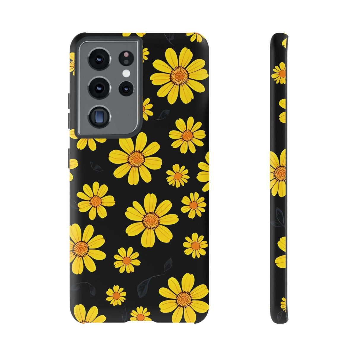 Phone case with black background and yellow daisy floral pattern, rear camera module and side profile
