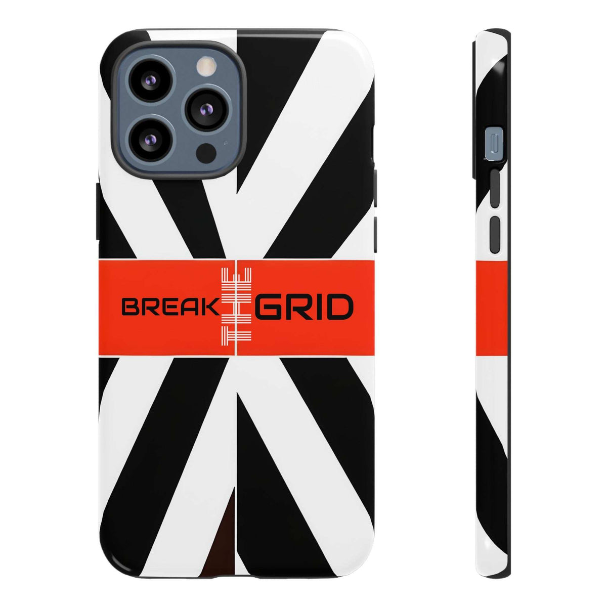 Phone case with black-and-white geometric stripes, red "Break Grid" band, front and side view.