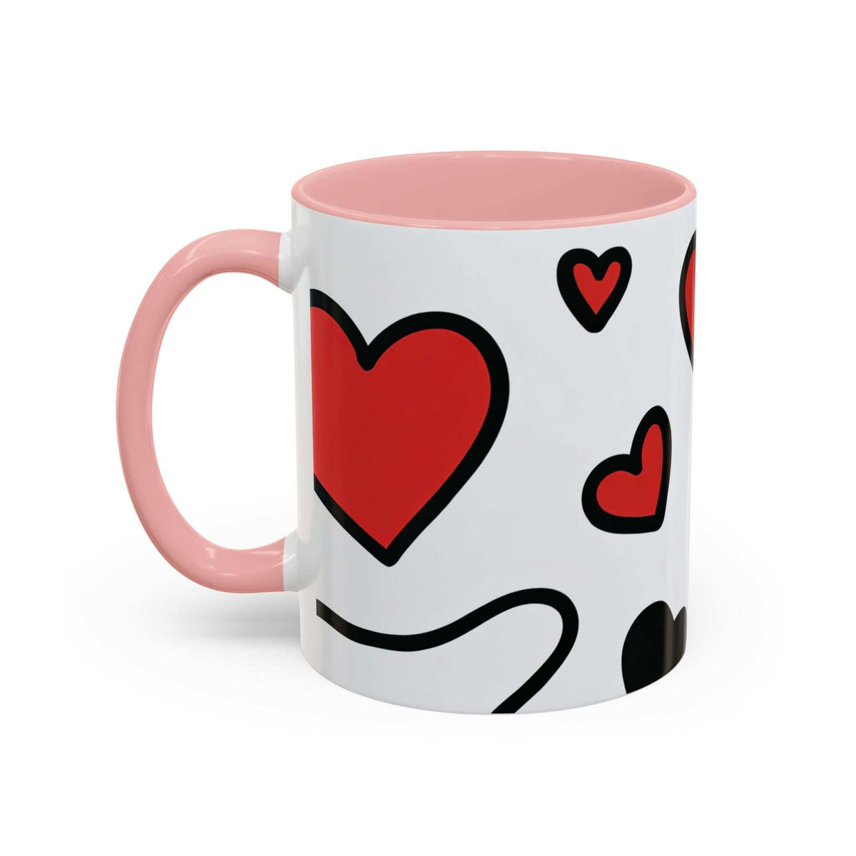 White accent coffee mug with pink handle and rim, large red heart and small heart icons