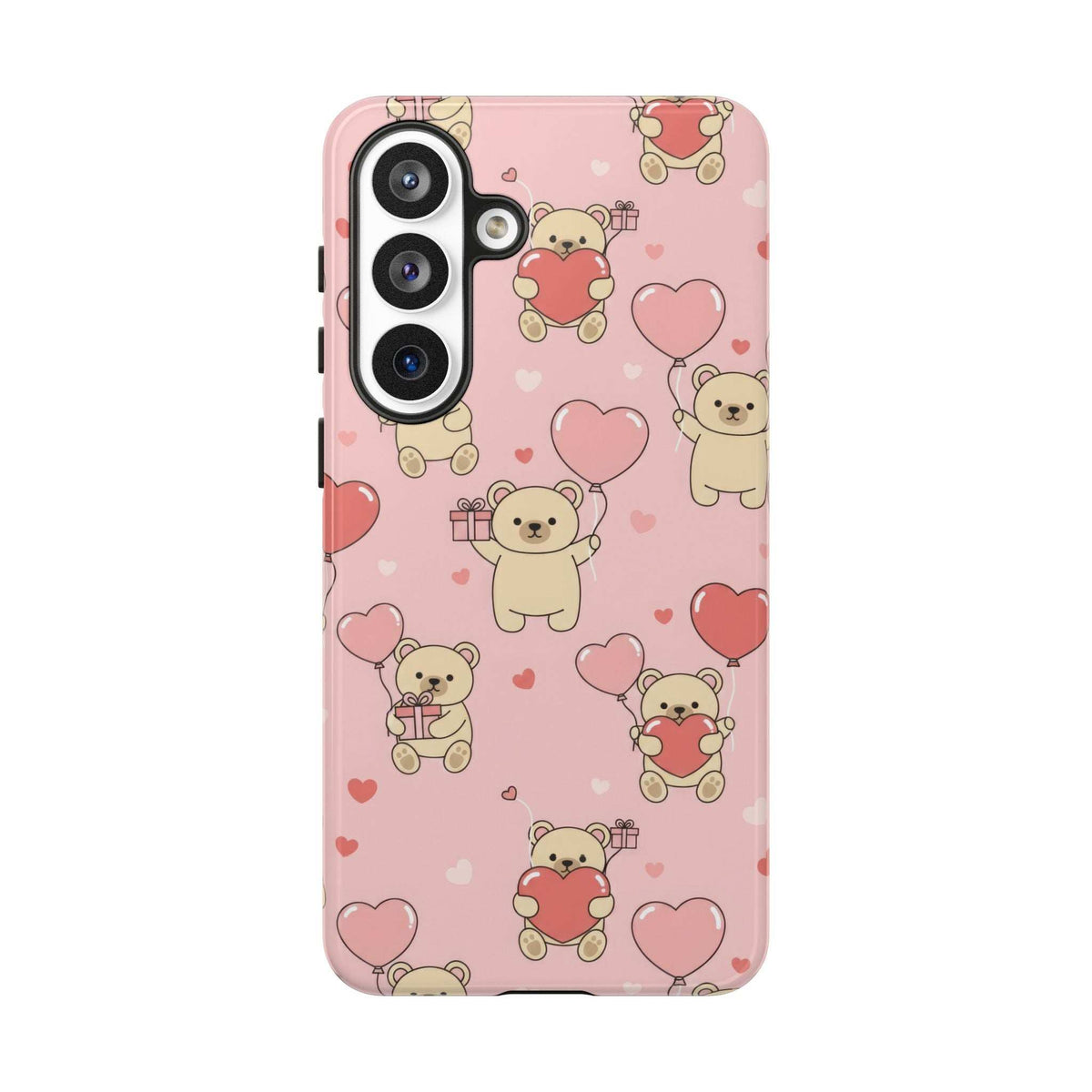 Pink phone case with teddy bears and hearts pattern, angled view of camera module