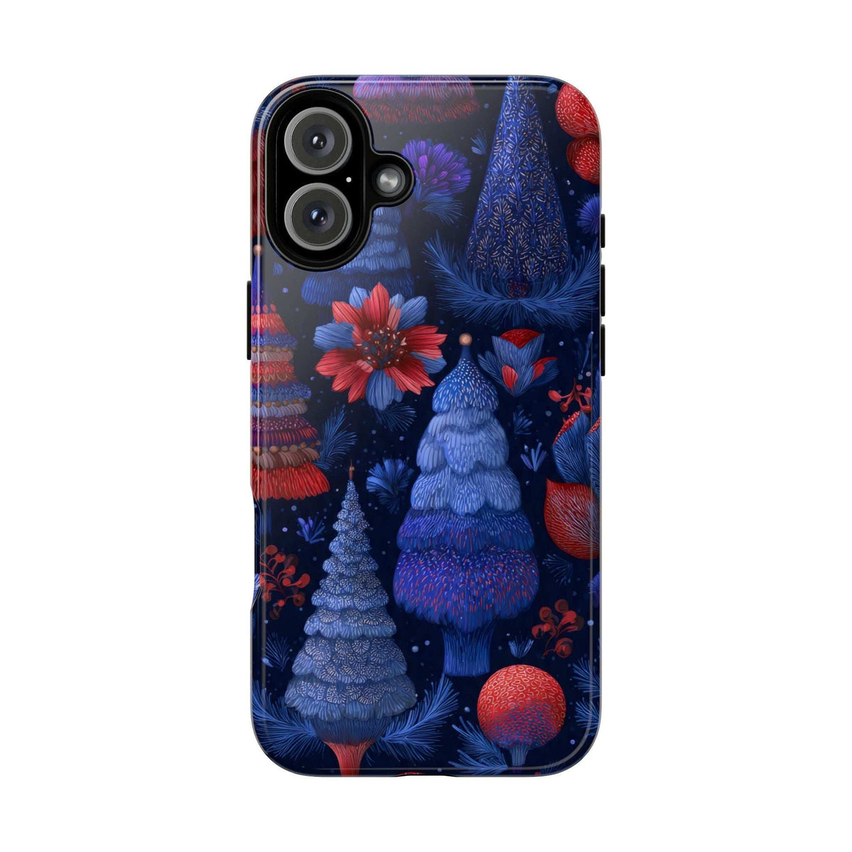 Glossy midnight blue Christmas forest phone case with pine tree and red ornament pattern, cutout.