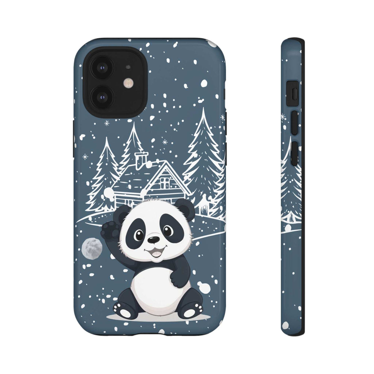 Dark blue iPhone phone case with centered panda, snowflakes, and cottage among pine trees.