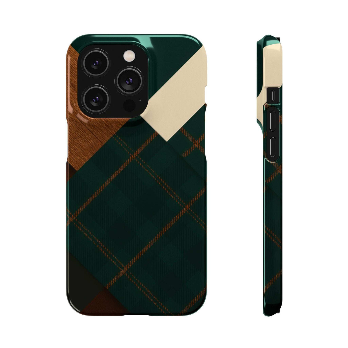 Rustic phone case with green plaid, tan wood-look texture, cream diagonal panel; side view