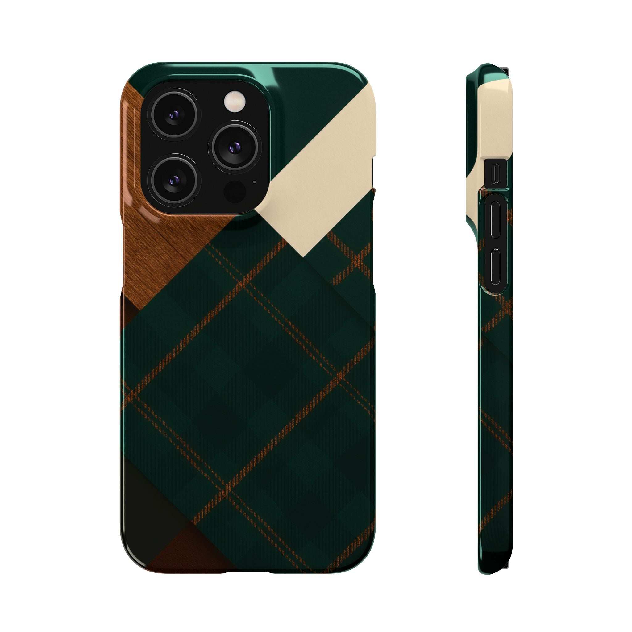 Rustic phone case with green plaid, tan wood-look texture, cream diagonal panel; side view