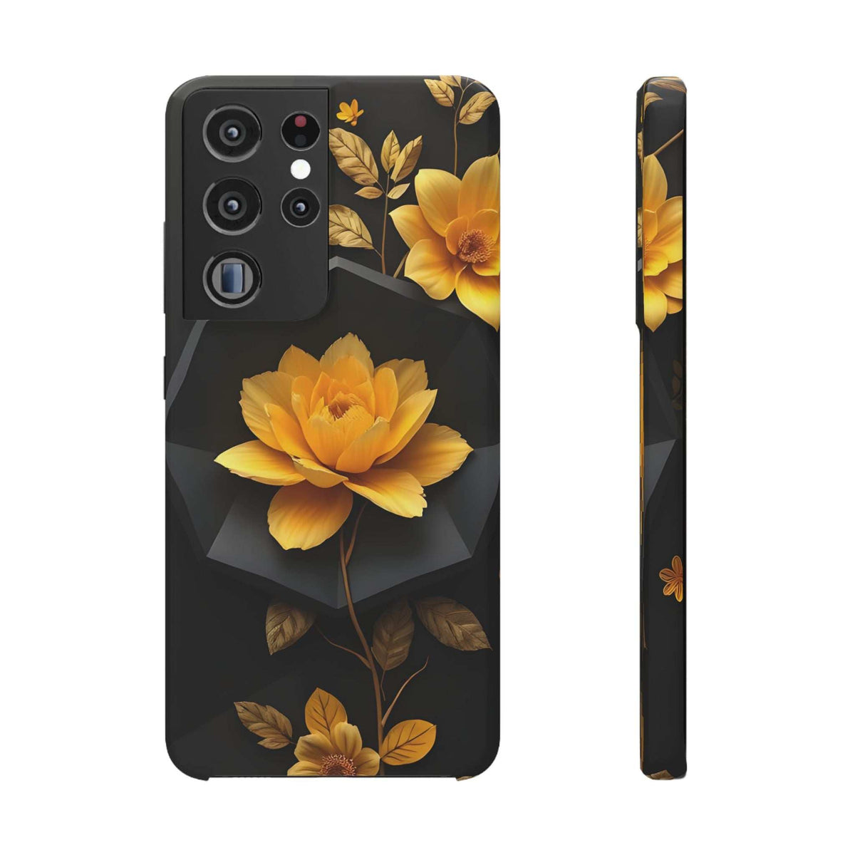 Black phone case with yellow floral motif, camera and flash openings on back