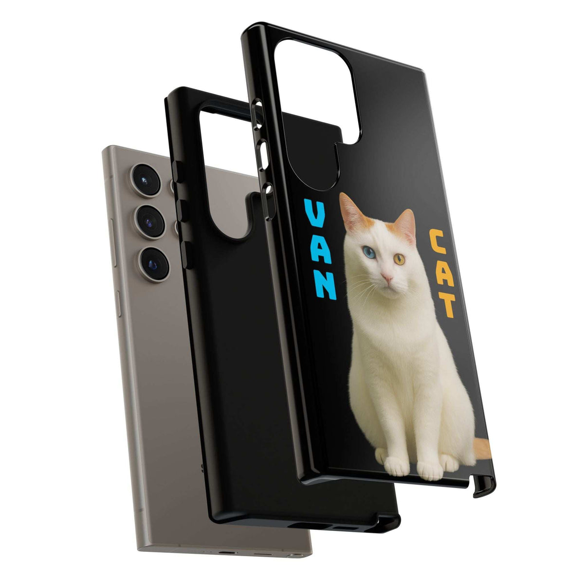 Black phone case with cream cat graphic shown in angled view with side frame