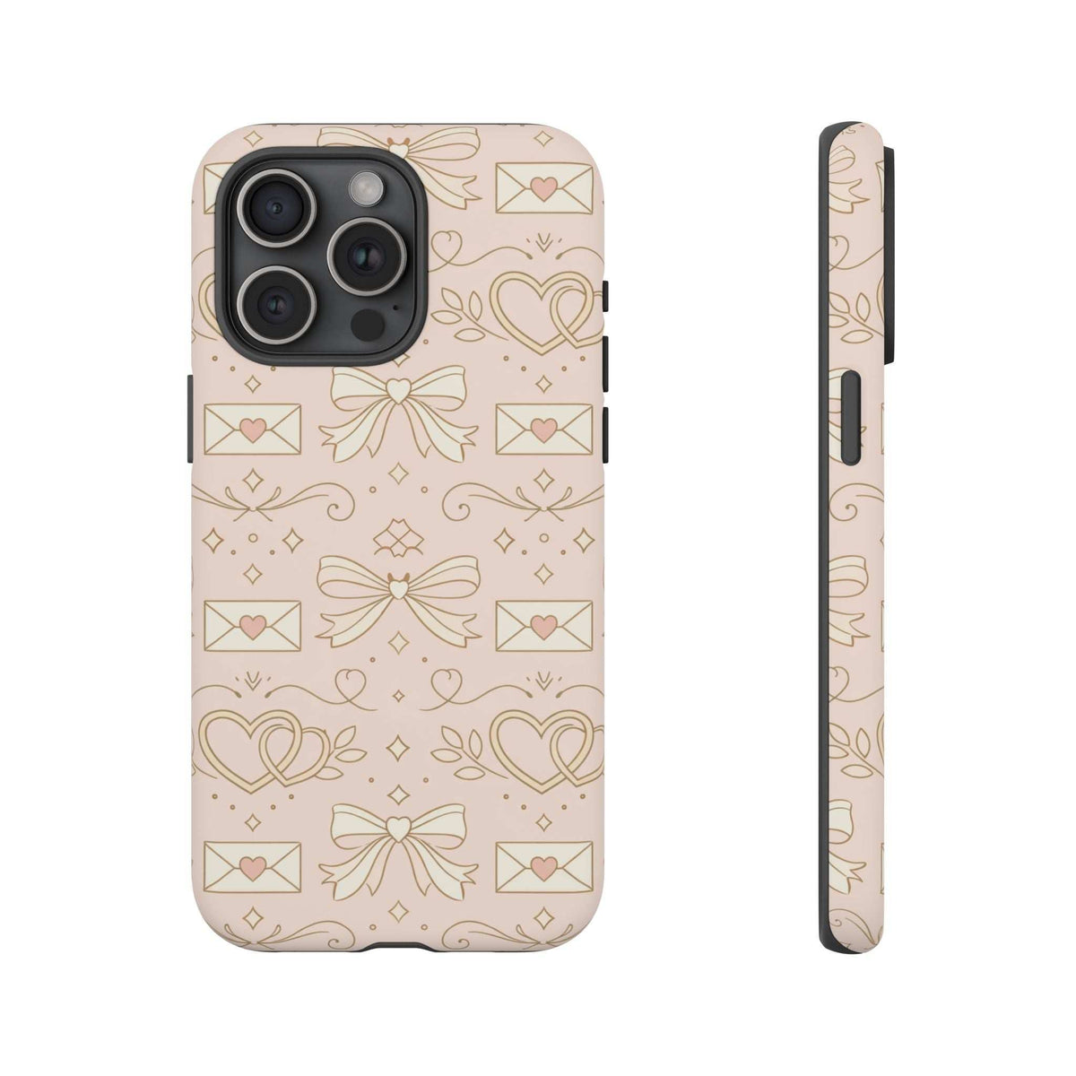 Tough phone case with pink heart and envelope doodle pattern, front and side in view