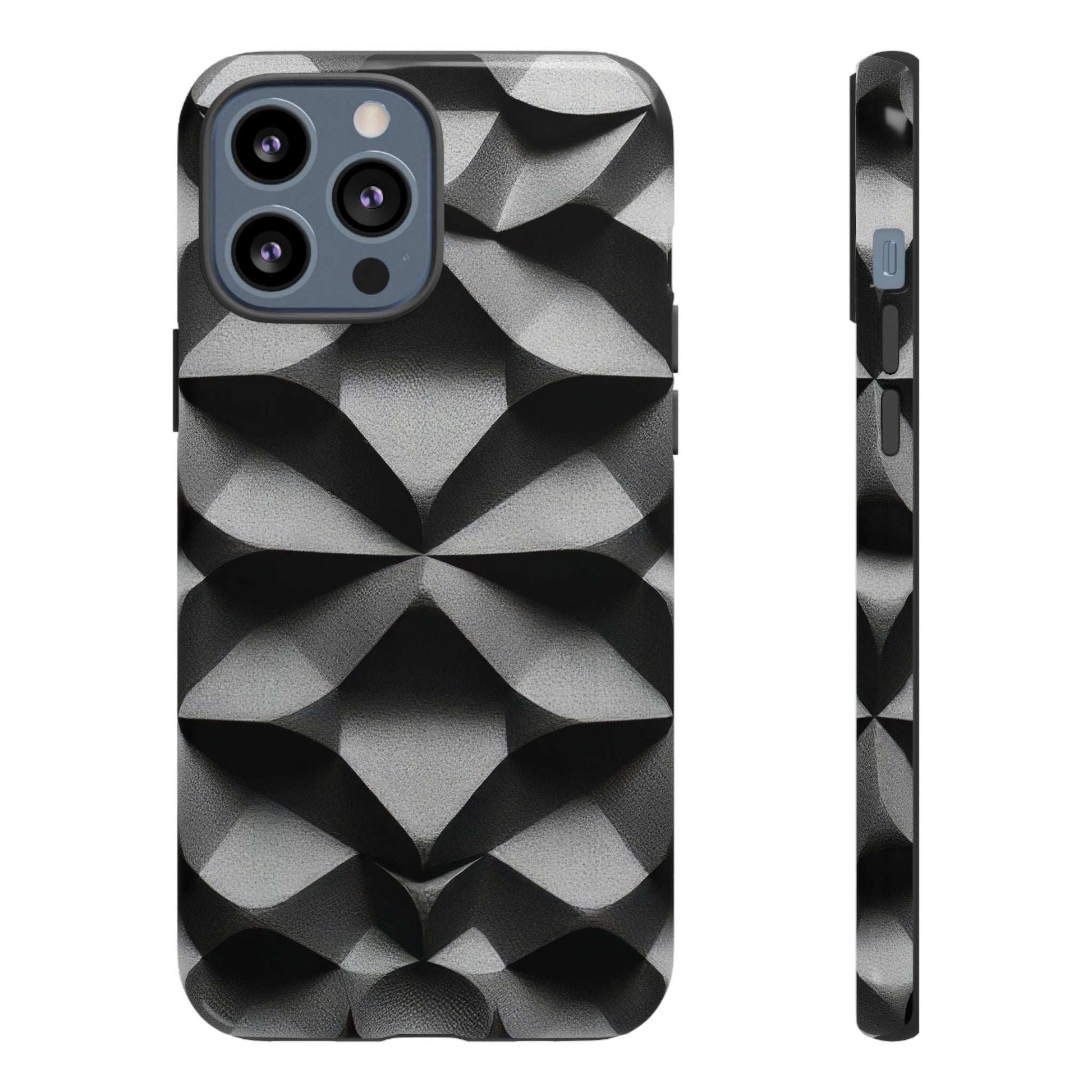 Black phone case with silver geometric emboss pattern; camera lens and flash openings