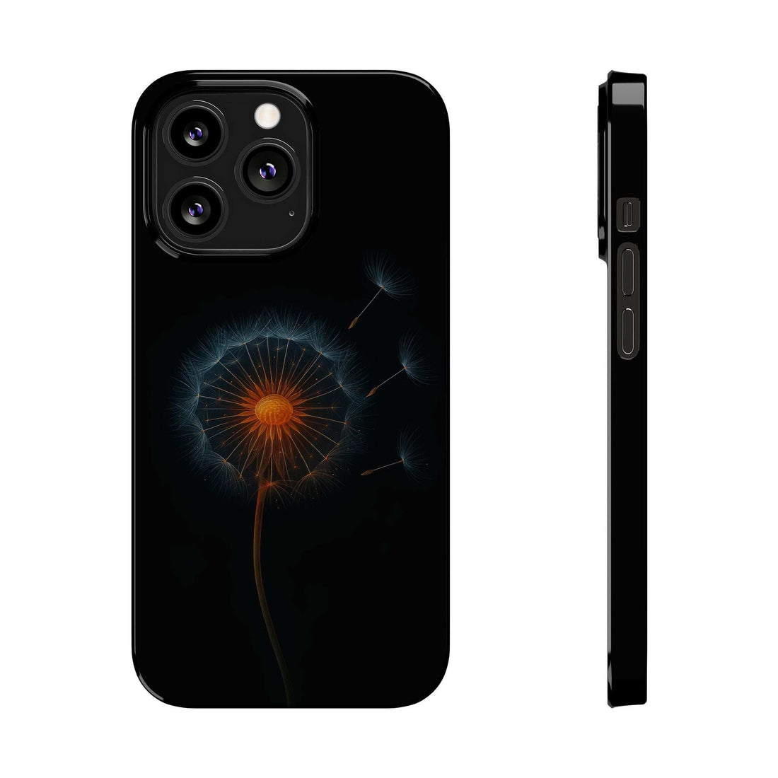 Black phone case with glowing dandelion design and camera cutouts