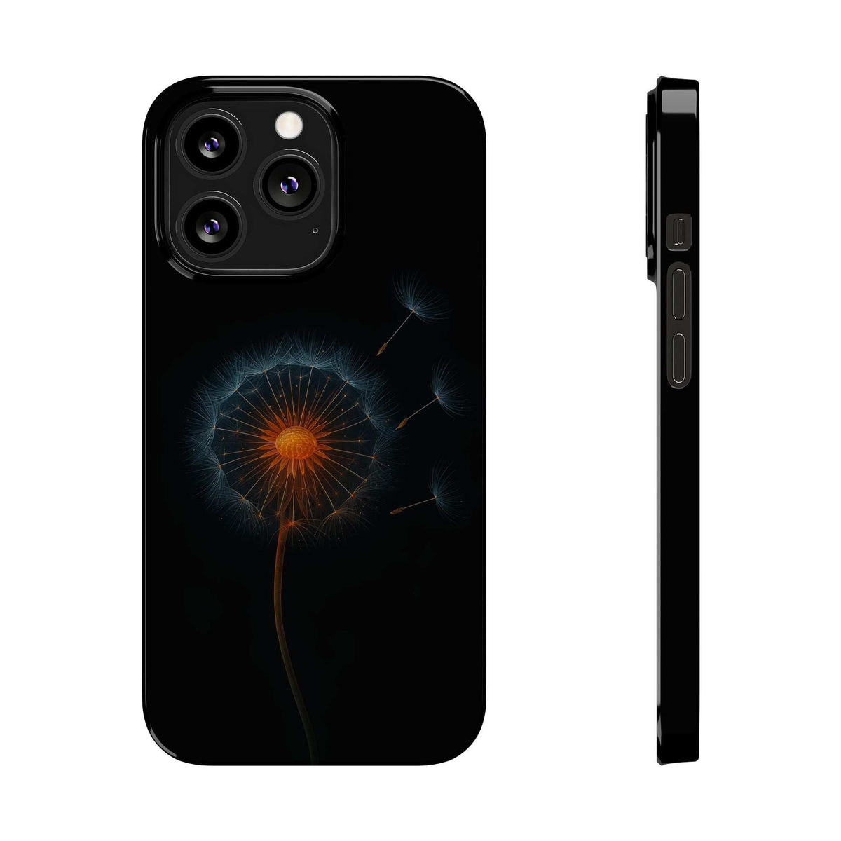 Black phone case with glowing dandelion, camera cutouts, and side button area