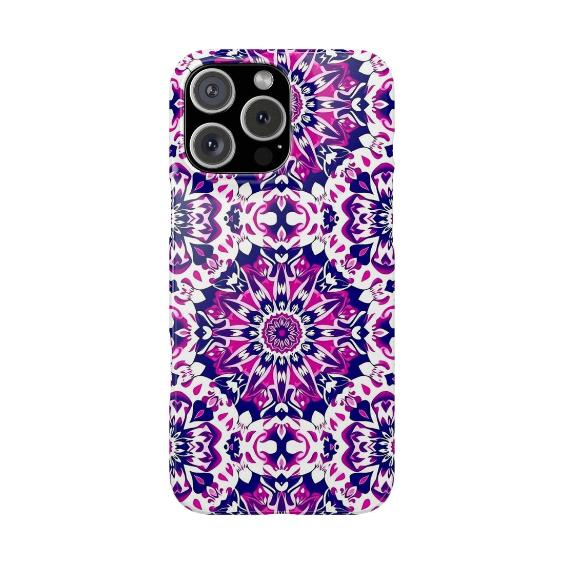 Phone case with purple-pink mandala floral pattern and black camera cutouts