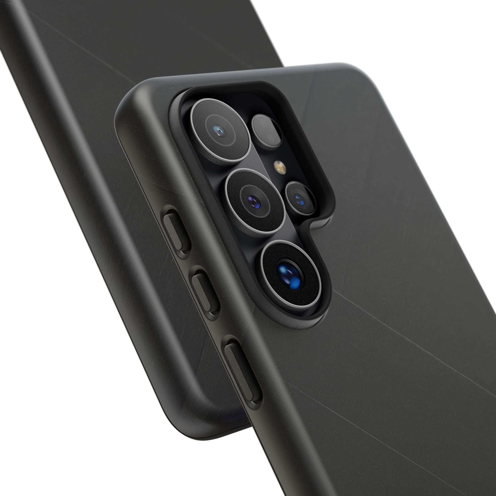 Matte black phone case close-up: diagonal lines and camera lens openings.