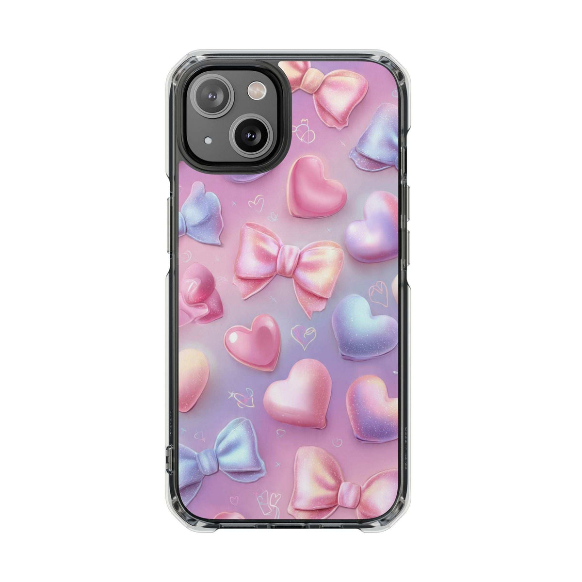 Clear phone case with pastel hearts and bows; secure edges and camera cutout