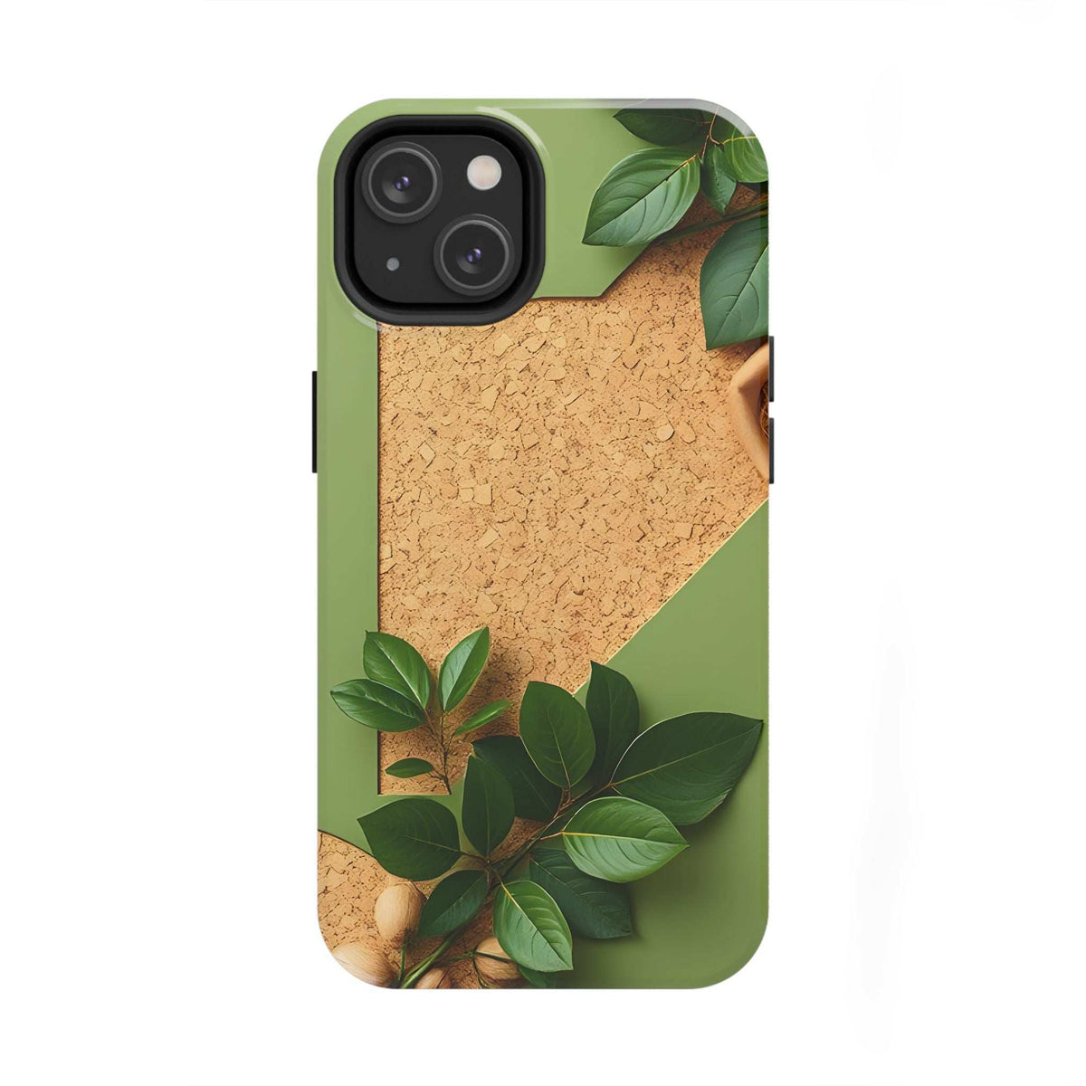 Green eco phone case with cork-like texture and leaf design; raised camera area