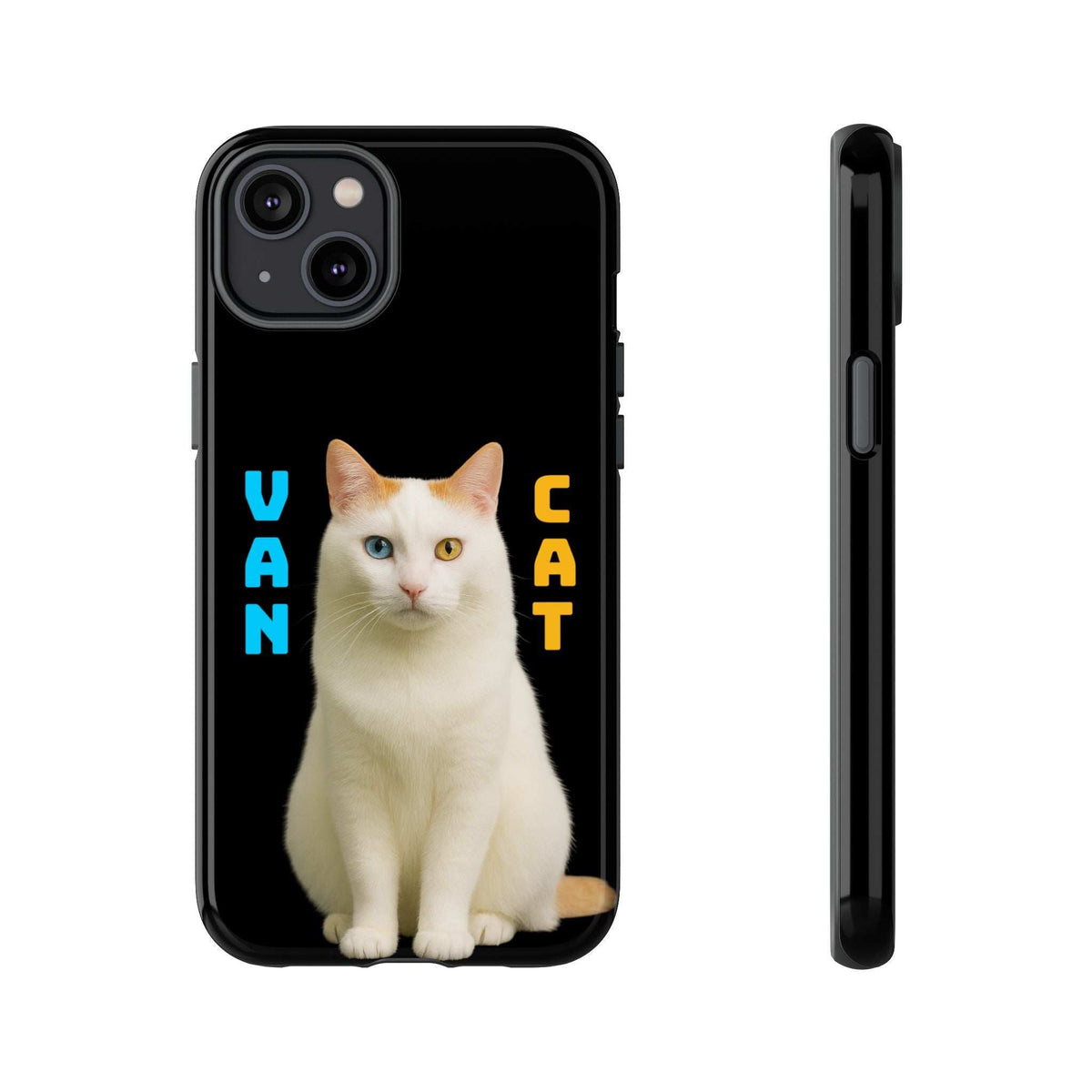 Black glossy phone case with sitting cat graphic and raised camera openings