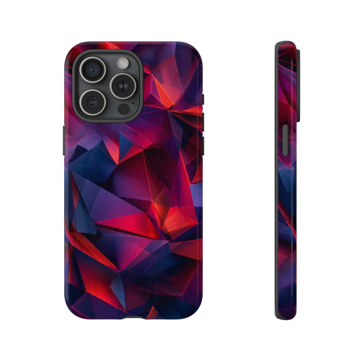 Glossy phone case with faceted prism design; camera cutouts and slim side profile