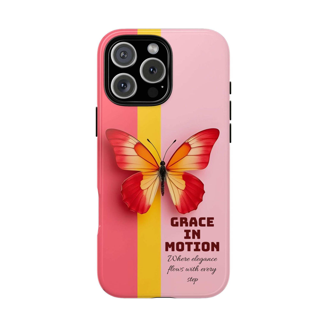 Tough phone case with pink, red, and yellow vertical stripes and a butterfly graphic