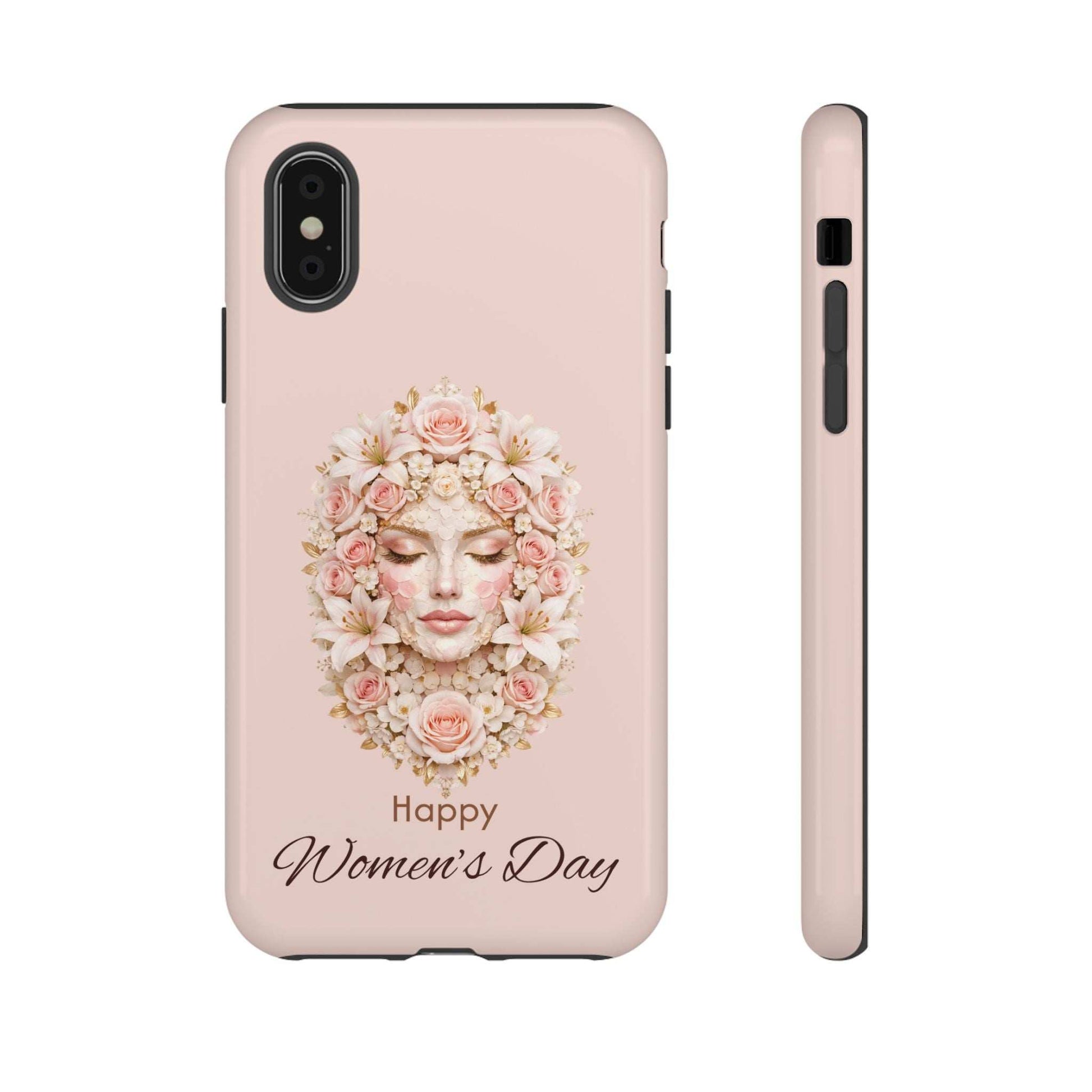 Pink iPhone phone case with floral woman face wreath and “Happy Women’s Day” text
