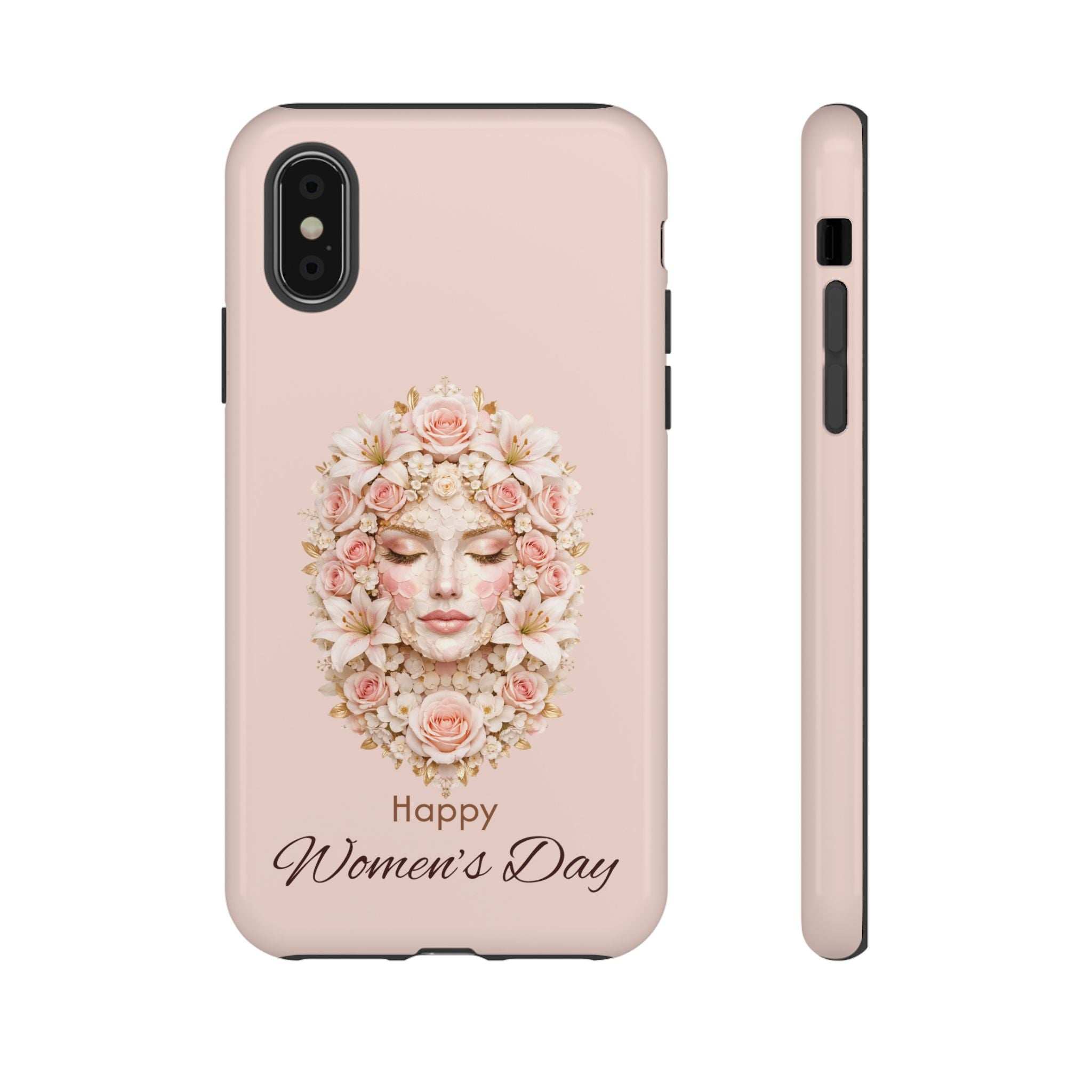 Pink iPhone phone case with floral woman face wreath and “Happy Women’s Day” text