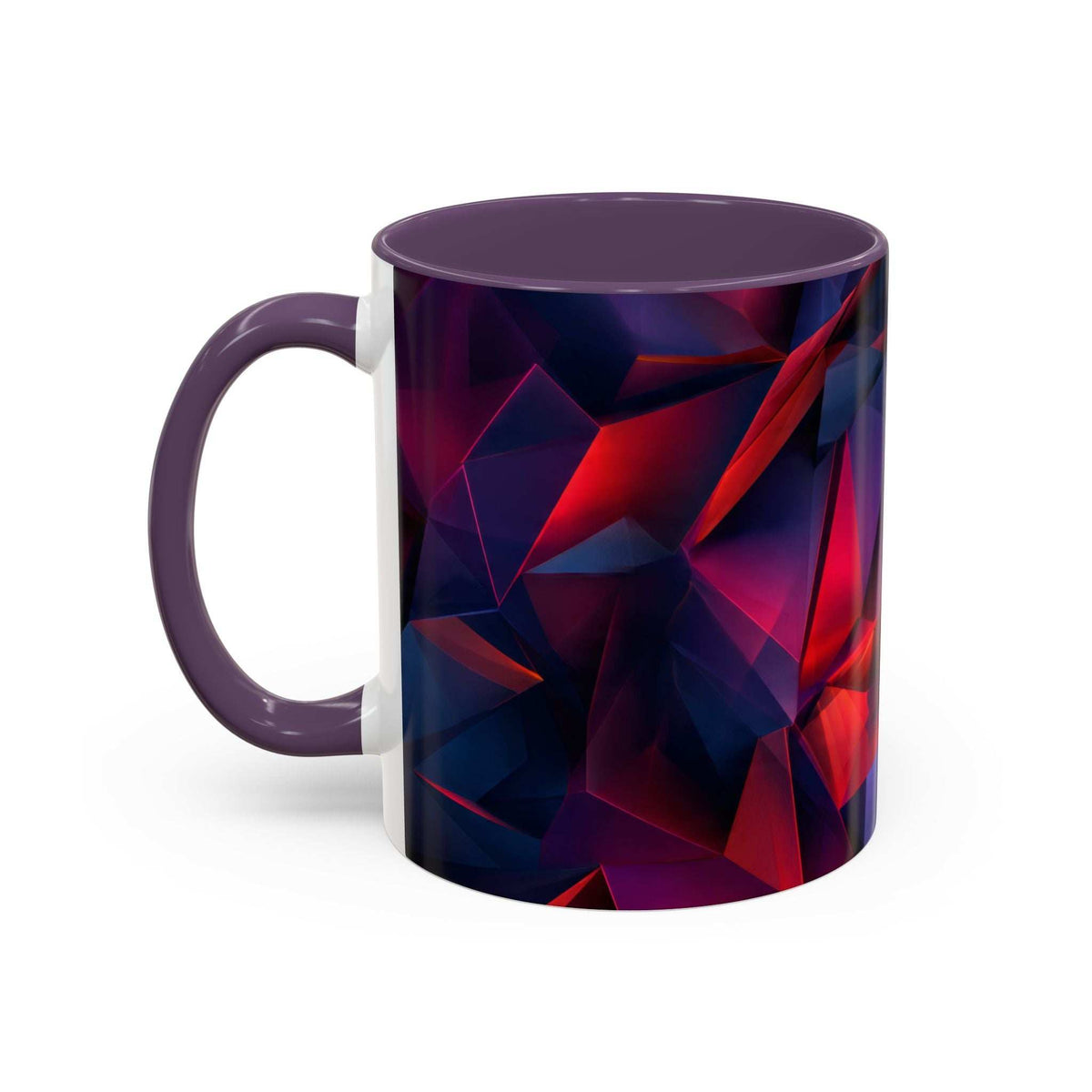 Ceramic mug with purple accents, abstract red and blue geometric pattern with white center panel.
