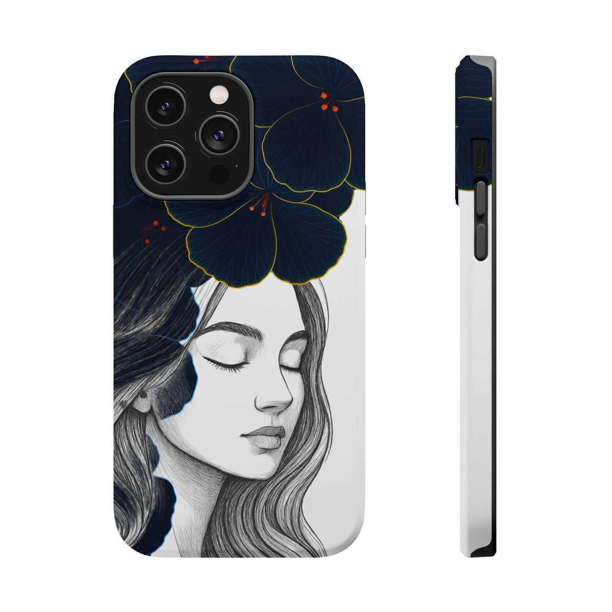 Phone case front and side view, woman floral artwork with blue blossoms and camera openings