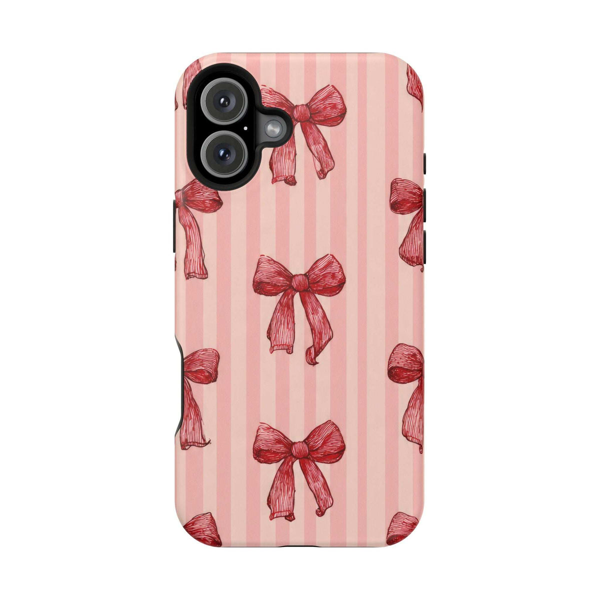 Pink phone case with red striped pattern and bow icons, front view with camera cutout.