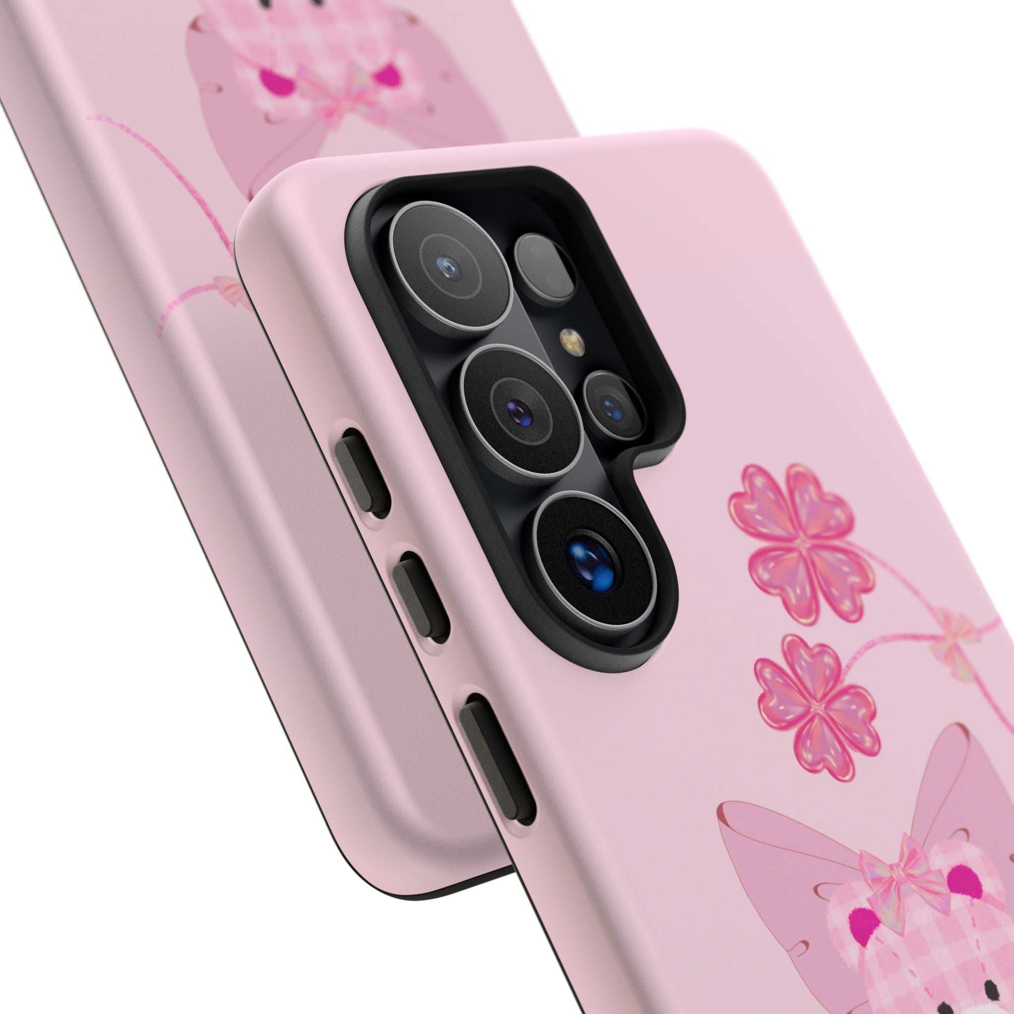 Pink teddy bear phone case with butterfly graphics, camera and flash cutouts