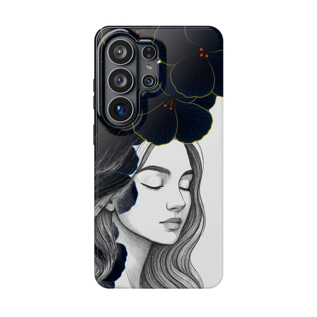 Phone case with dark floral portrait of a woman, blue blossoms, and camera cutouts