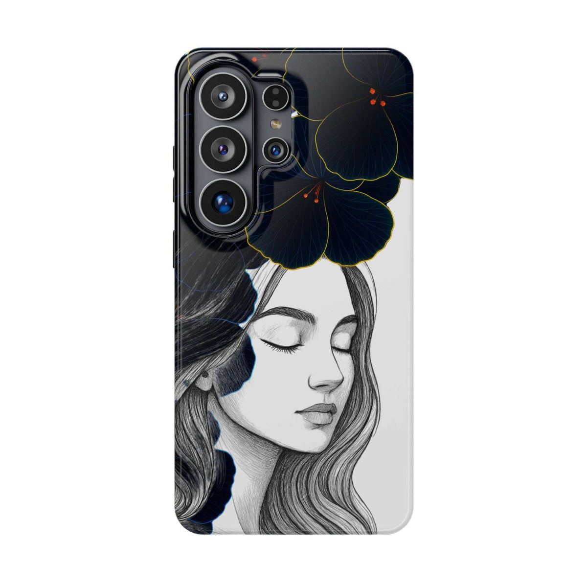 Phone case with dark floral portrait of a woman, blue blossoms, and camera cutouts