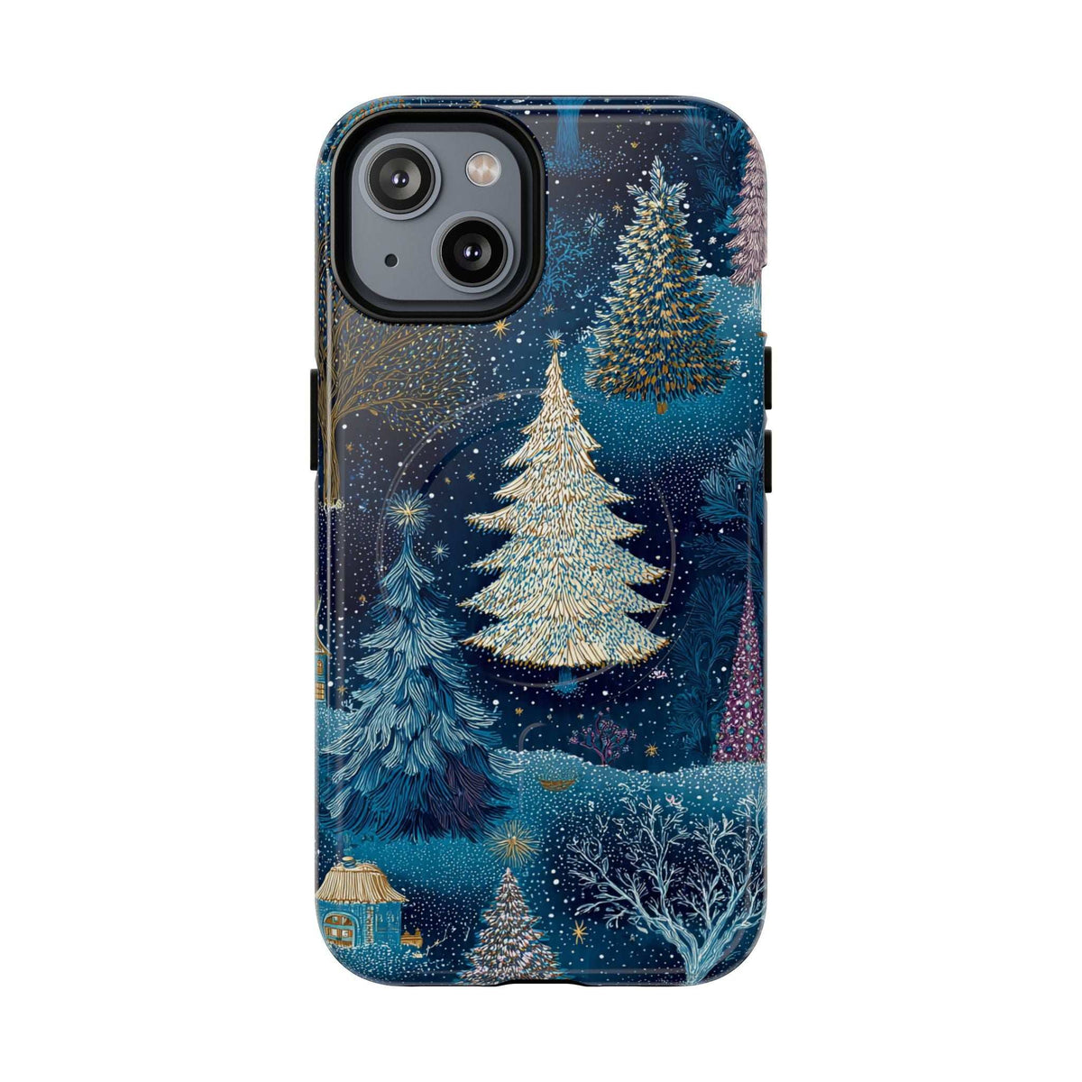 Glossy blue phone case with gold pine trees and glitter specks, camera cutouts.