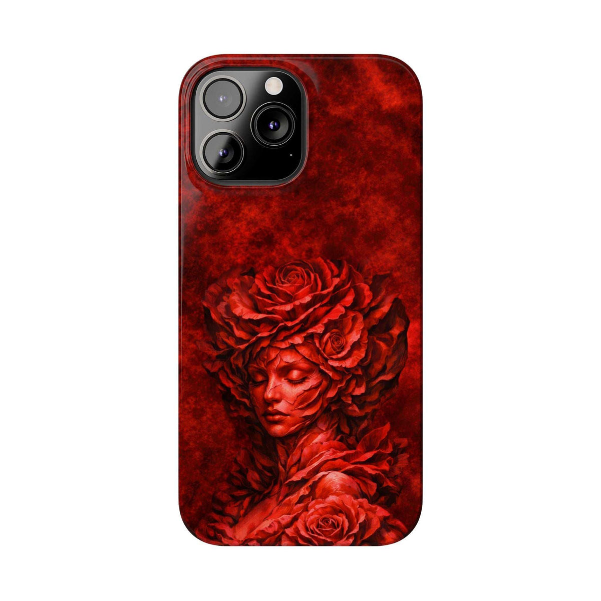 Slim phone case with red rose-girl portrait artwork and camera cutouts
