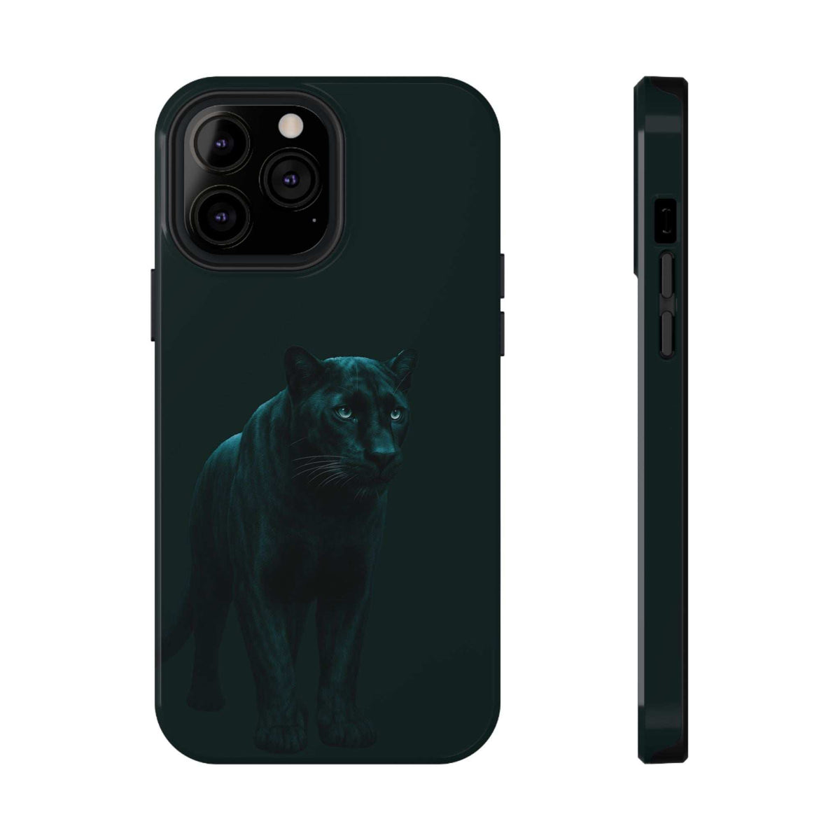 Dark teal phone case with teal panther image, side view with buttons and openings