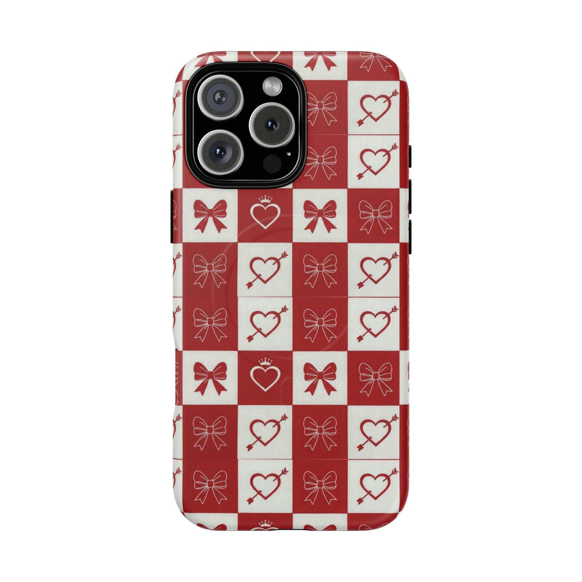 Red and white checkered phone case with hearts and bows, camera cutouts
