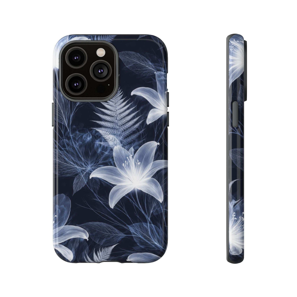 Blue floral phone case with white lilies and fern leaves; triple camera cutouts with black trim.