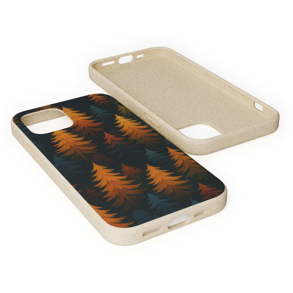 Biodegradable phone case with light tan frame and dark forest tree pattern