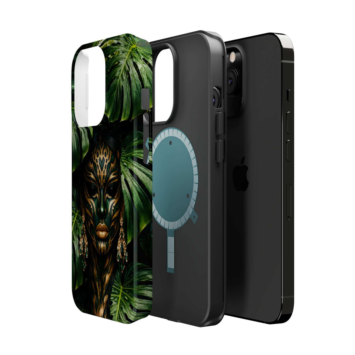 Jungle spirit phone case for iPhone 13-17 showing front and back with jungle face print.
