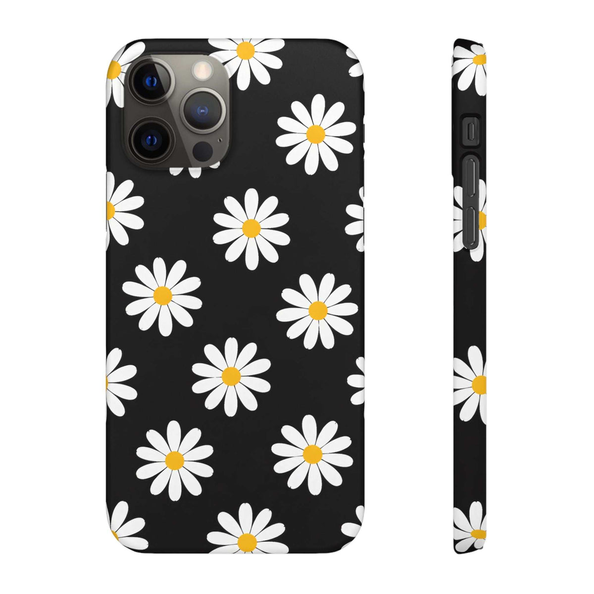 Black phone case with white daisies and yellow centers, with raised camera cutouts.