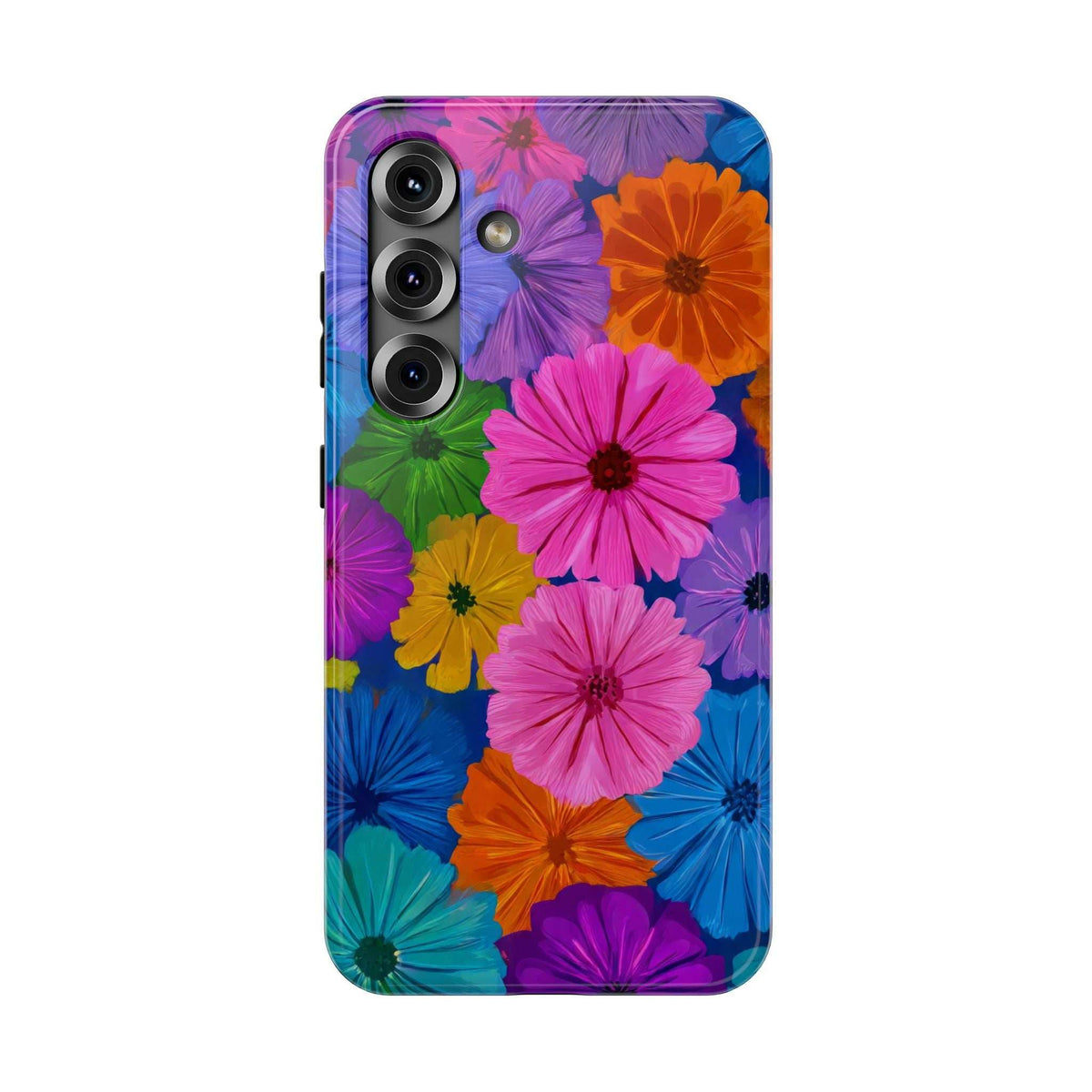 Multicolor floral phone case with side button cutouts and camera openings on back.