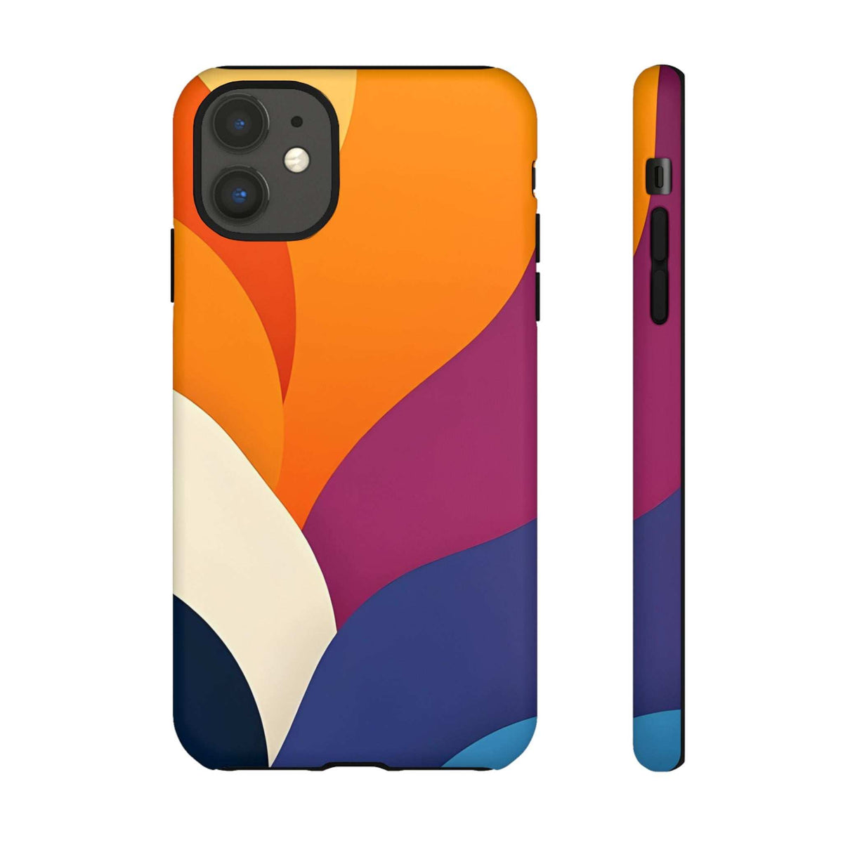Phone case side profile with abstract orange, purple and navy design; button cutout visible
