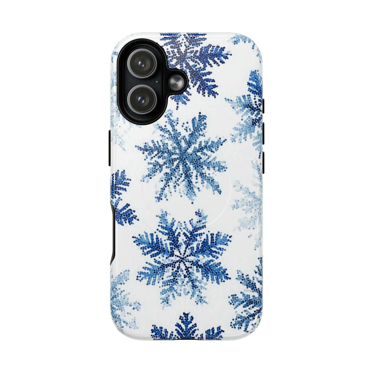 iPhone 13-17 phone case in white with blue snowflakes and triple-lens camera cutout