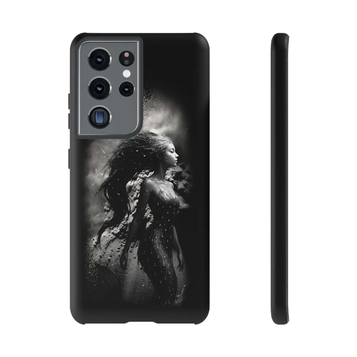 Black phone case with monochrome mermaid portrait and large camera bump, side edge