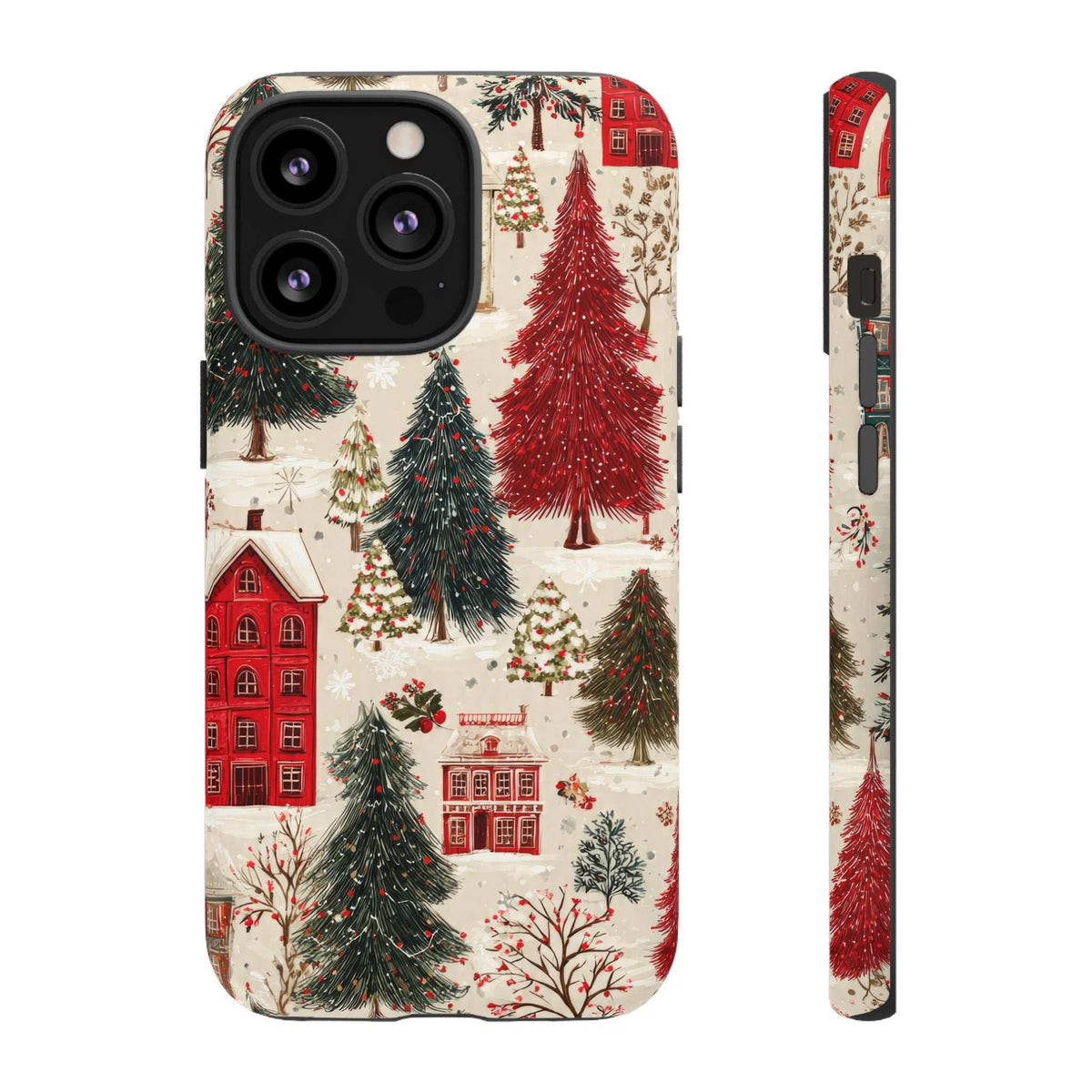 Winter village phone case with snowy evergreens, red town buildings, and rear camera module