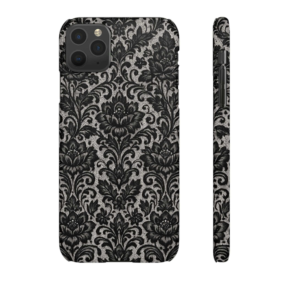 Damask floral phone case with camera cutouts, black and gray detailed damask flowers