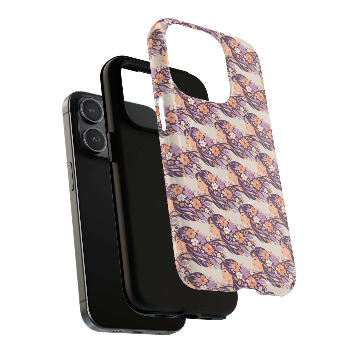 Floral phone case with peach and purple blossoms, side grip edges and camera opening