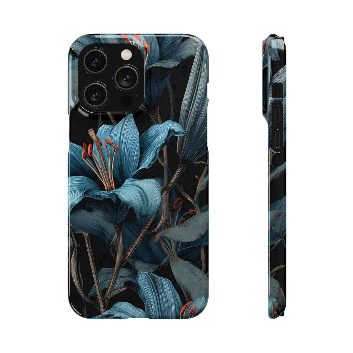 Blue lily floral phone case, back view with triple camera lenses and cutouts