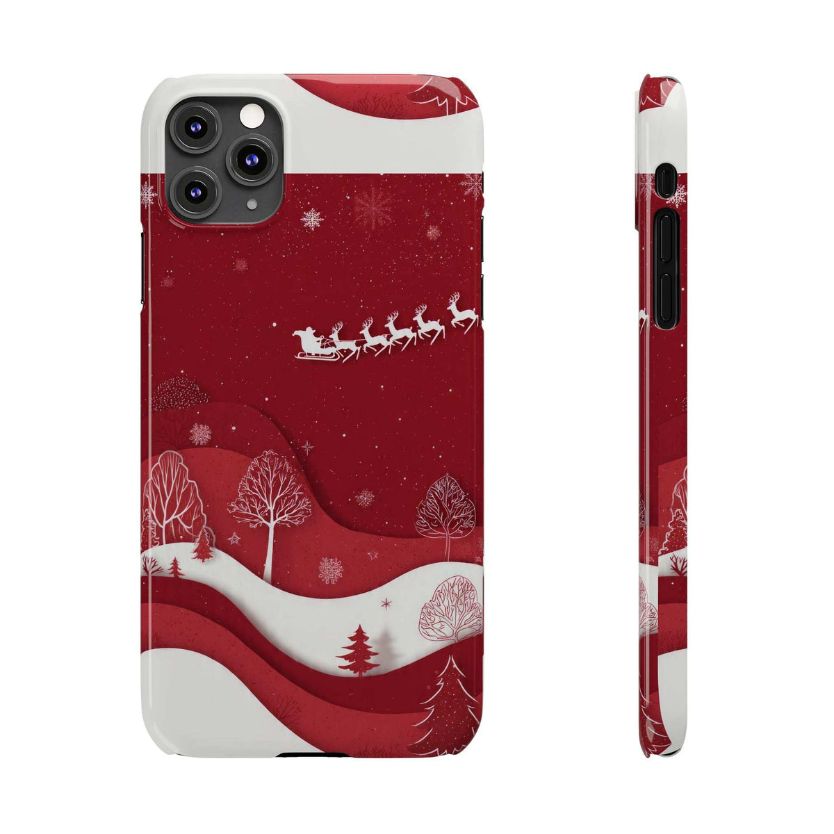 Festive winter phone case with red snowy landscape, sleigh illustration, and tree shapes.