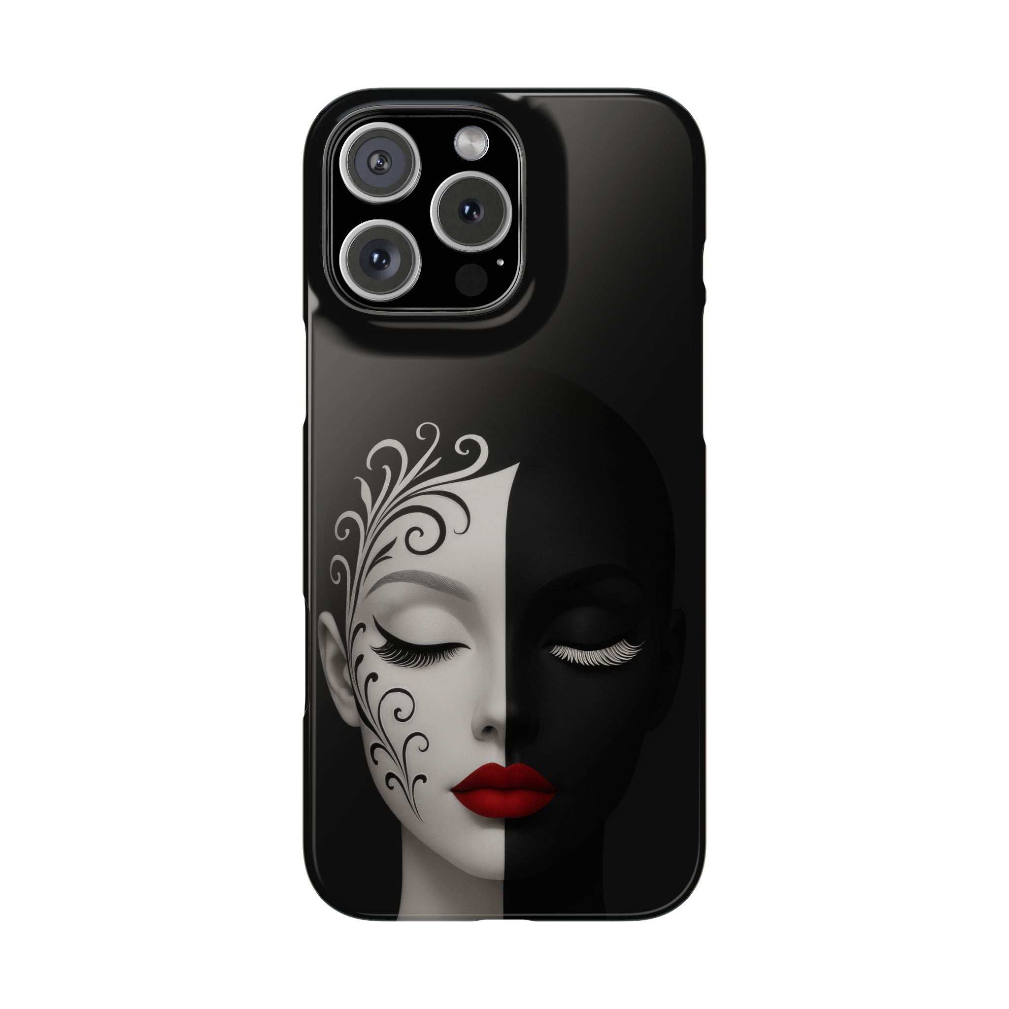 Black phone case with split-face portrait, closed eyes, red lips, and decorative vine swirls