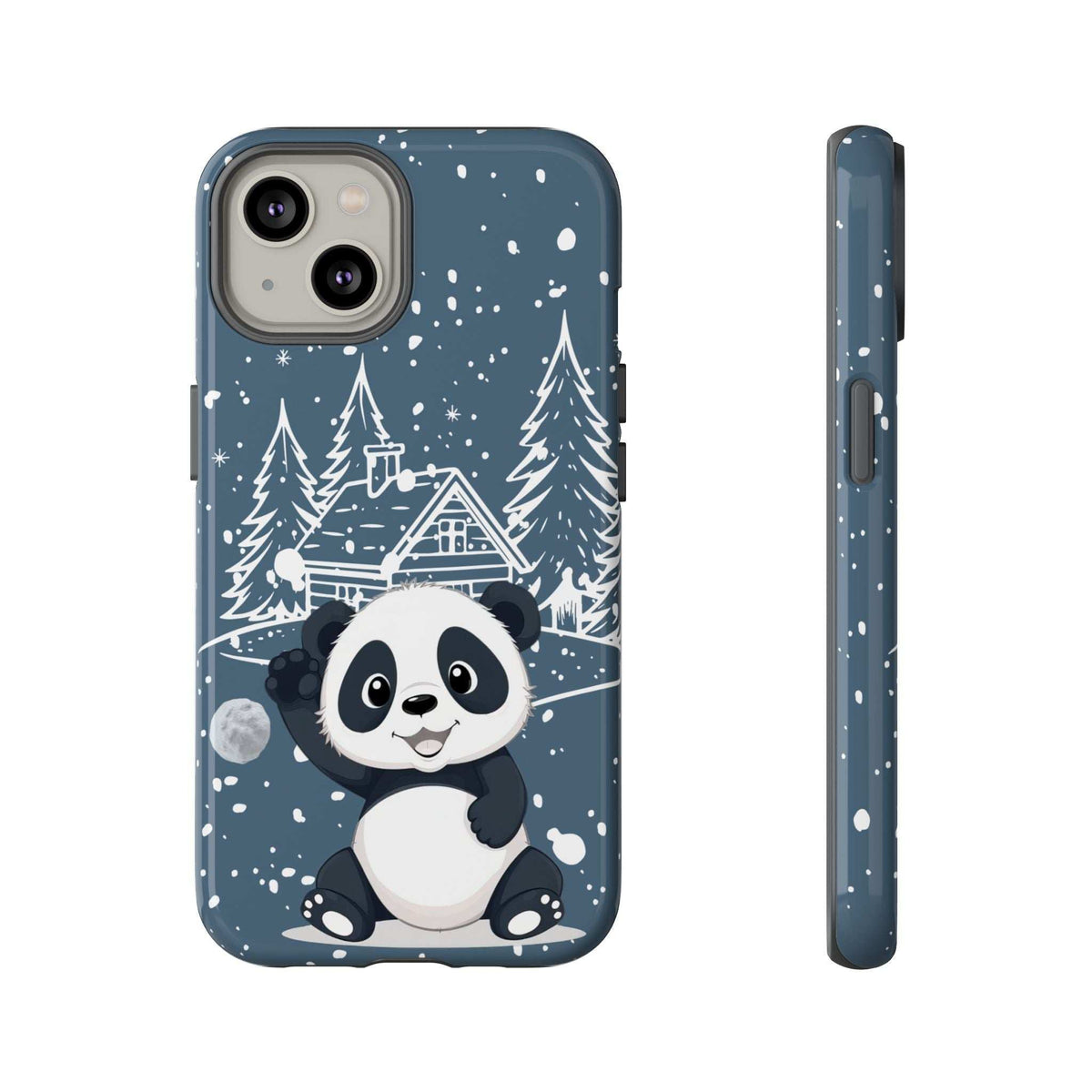 Dark blue panda winter phone case with panda character and snowy forest cabin design