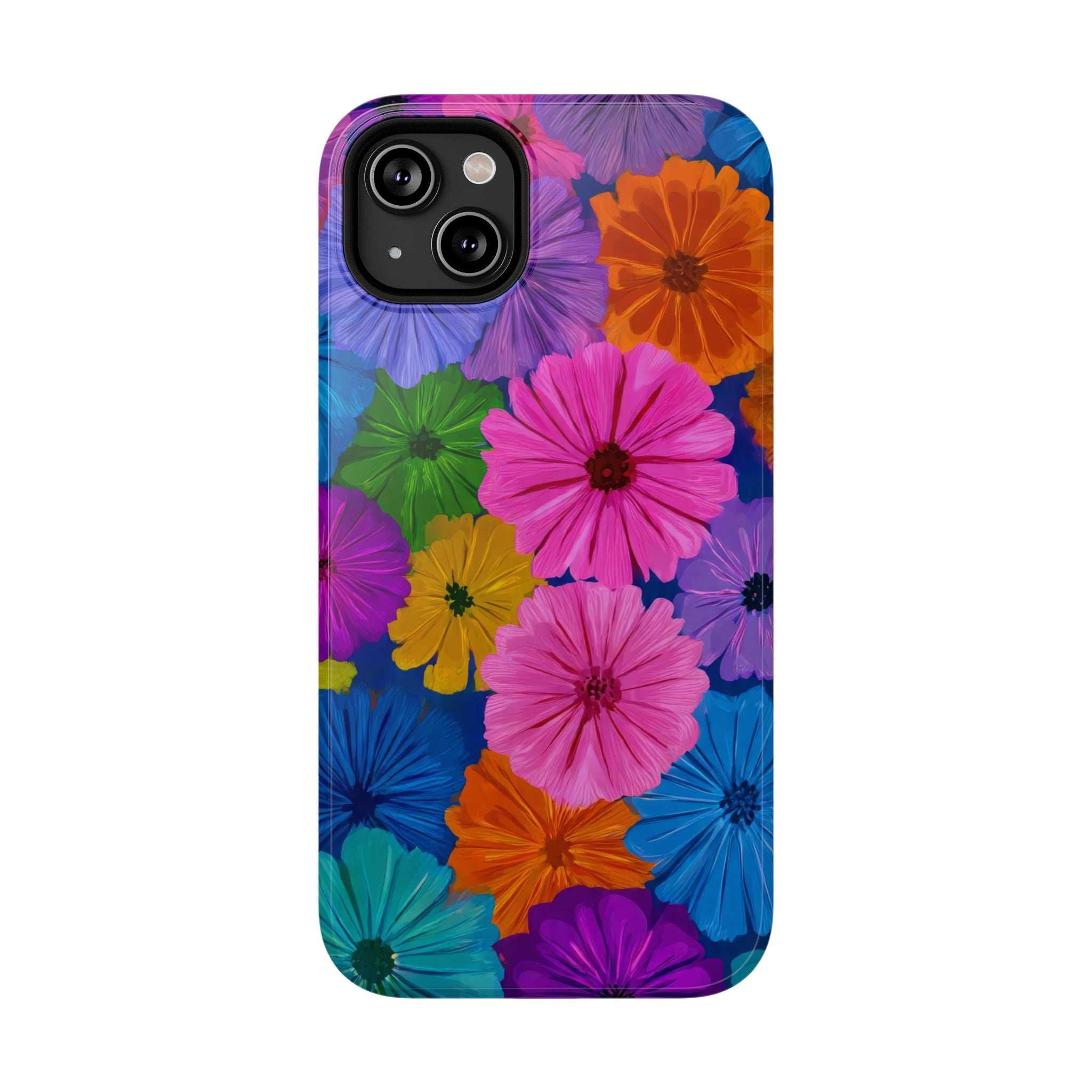 Colorful floral phone case with raised camera cutout and detailed purple, orange, and green blooms